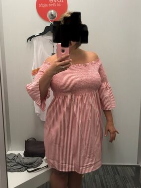 MICHAEL Michael Kors Coral & White Striped Off the Shoulder Smocked Dress